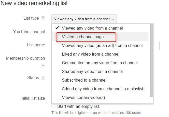 Viewed any channel page YouTube remarketing list audience