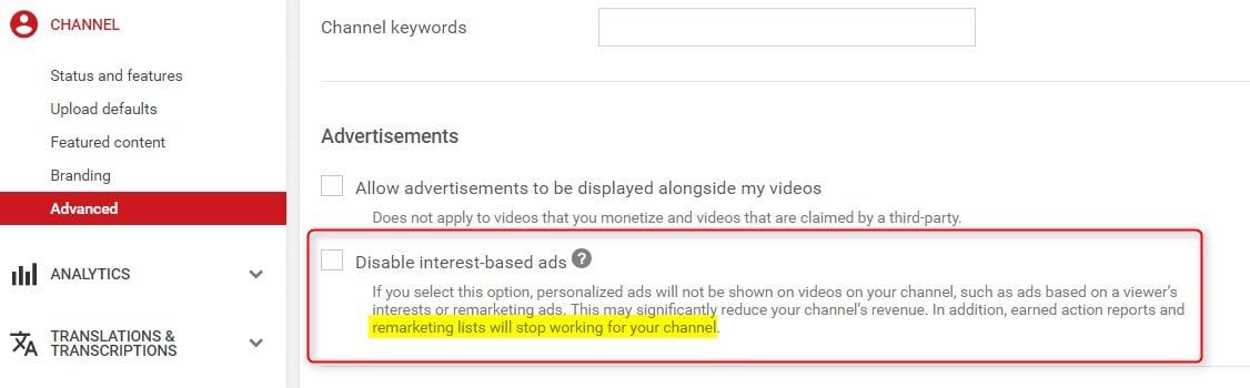 Youtube disable interest-based ads setting