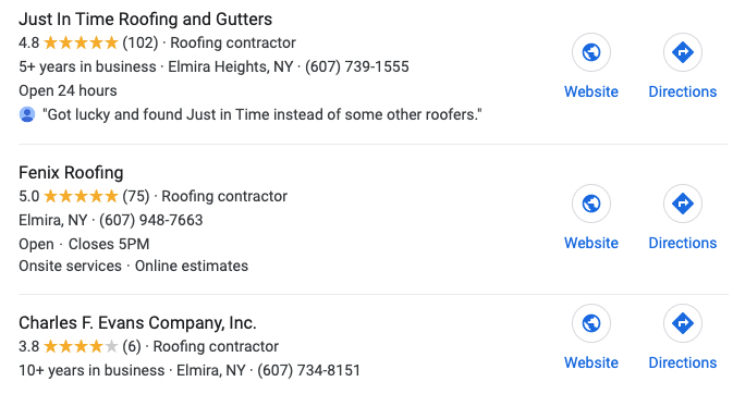 reviews for roofing companies on Google 